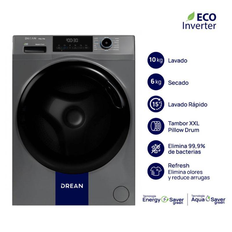 Lavasecarropa Drean Lscdr1006Sg  10Kgs Lavado / 6 Kg Secado C/Frontal Gris Inverter