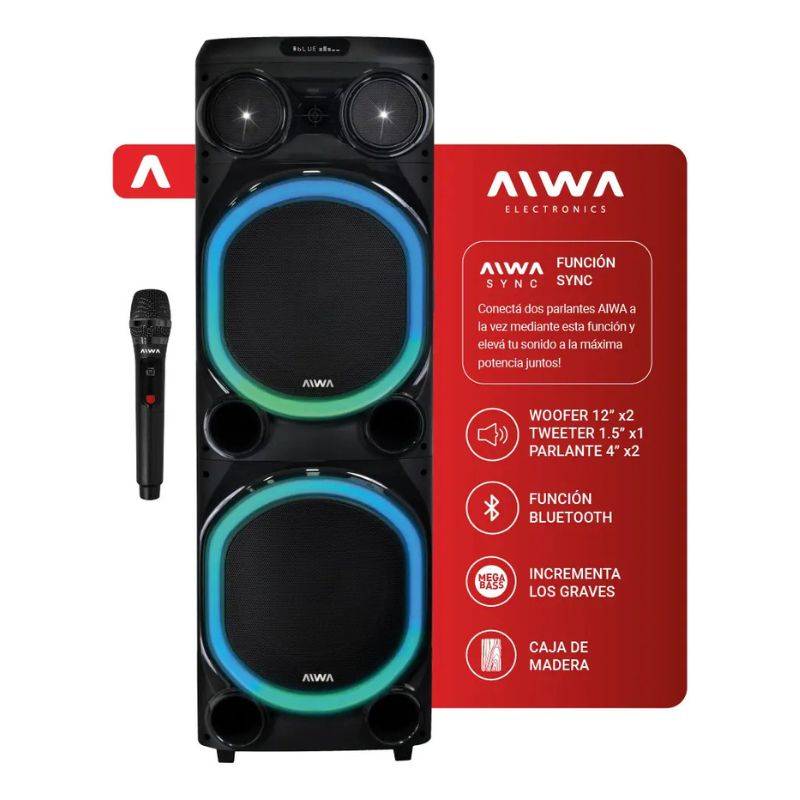 Bafle Aiwa Aw-T512 Woofer 12 X2+Twiter 1.5 18000W Pmpo Bluetooth/Bat Recarg