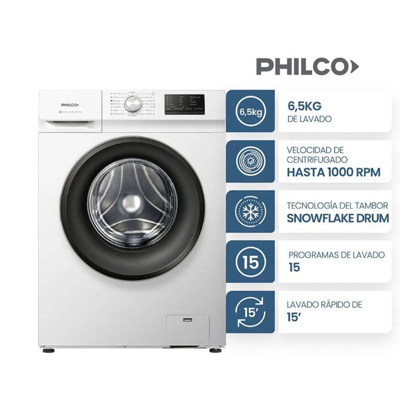 Lavarropa Philco Phlf6510B2 6.5 Kg 1000 Rpm Blanco C/Frontal